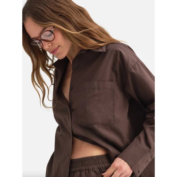 MATE the Label Poplin Long Sleeve Button Down Shirt Brown Small Organic Cotton - Picture 9 of 10